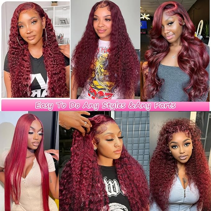 BVLBVL Burgundy Wig Human Hair 30 Inch 99j 13x6 HD Lace Front Wigs Human Hair 250 Density Deep Wave Human Hair Wig Pre Plucked Wet And Wavy No Tangle No Shedding Triple Lifespan 3x