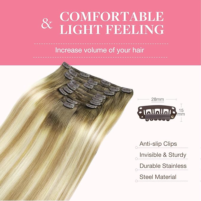 GOO GOO Clip in Hair Extensions Real Human Hair, Remy Human Hair Extensions Clip ins for Women, Natural Human Hair, 14inch 150g 9Pcs, 5A/90/16F Bahamian Balayage
