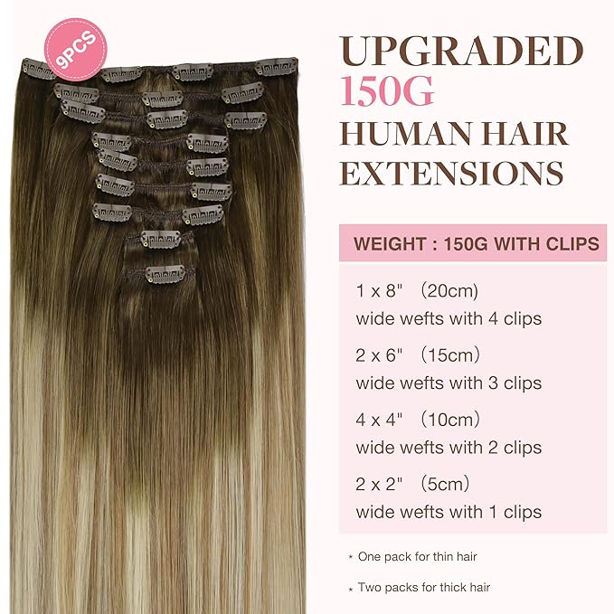 GOO GOO Clip in Hair Extensions Real Human Hair, Remy Human Hair Extensions Clip ins for Women, Natural Human Hair, 20inch 150g 9Pcs, 3/8/613 Balayage Walnut Brown to Ash Brown and Bleach Blonde