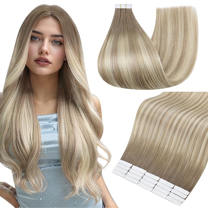 Full Shine Human Hair Tape in Extensions Color 19/8/60 Blonde and Brown Balayage 20PCS Invisible Remy Soft Double Sided Tape in Hair Extensions Human Hair 50 Grams Natural Straight 16 Inch for Party