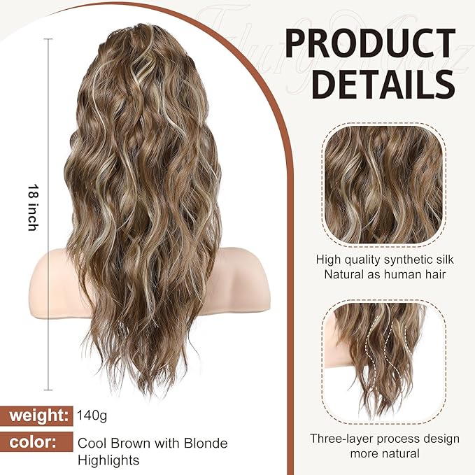 FLUFYMOOZ Ponytail Extension, 18 Inch Claw Clip Ponytail Extension, Wavy Curly Claw Clip in Ponytail Hair Extensions, Natural Fake Ponytail Synthetic Hairpiece for Women (Cool Brown with Blonde Highlights)