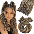 Moresoo Clip in Hair Extensions Human Hair Dark Brown Highlight Double Weft Human Hair Clip in Extensions Dark Brown with Caramel Blonde 7pcs 120g 22Inch