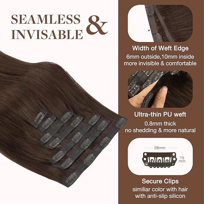 GOO GOO Clip in Hair Extensions Real Human Hair, Remy Human Hair Extensions Clip ins for Women, Natural Human Hair, 14inch 130g 9Pcs, 4A Chocolate Brown