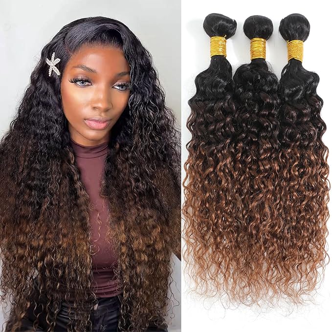 Ombre Bundles Human Hair Water Wave Chestnut Brown Ombre Water Wave Bundles T1B/2/30 Color 100% Real Human Hair Wavy Sew in Weft Weave 20 22 24 Inch