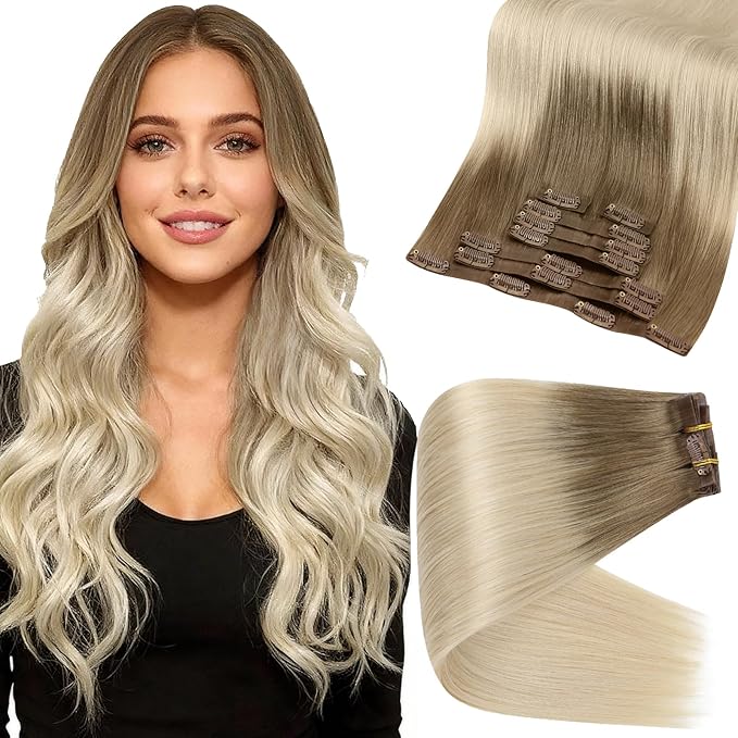 Full Shine Clip in Extensions for Women Ombre Clip in Hair Extensions Ash Brown to Platinum Blonde 22 Inch Seamless Human Hair Clip ins Extension Add Length 120 G 8 PCS