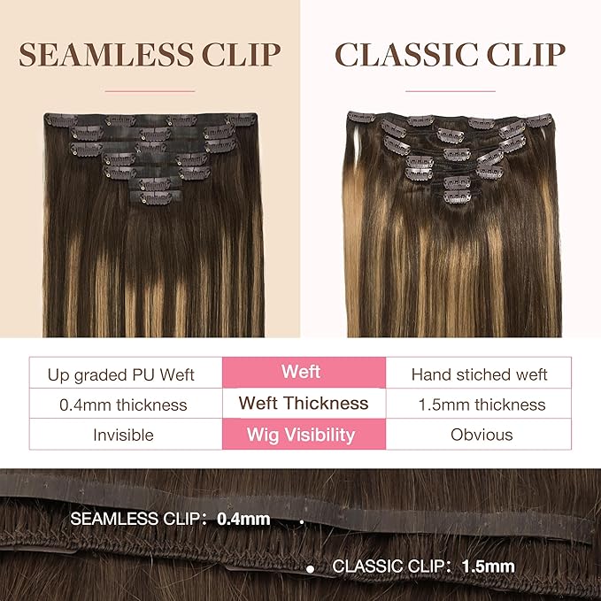 GOO GOO Clip in Hair Extensions Real Human Hair, Remy Human Hair Extensions Clip ins for Women, Natural Human Hair, 24inch 140g 7Pcs, #4/27/4 Balayage Chocolate Brown to Caramel Blonde