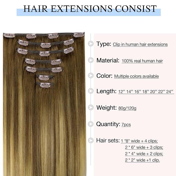 DOORES Hair Extensions Clip in Human Hair, Medium Brown Highlighted Dirty Blonde 14 Inch 7pcs 100g, Real Extensions Clip in Remy Straight Balayage Natural Thick Weft