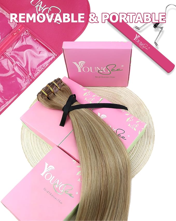 YoungSee 150G Clip in Human Hair Extensions Balayage Hair Extensions Clip ins Light Brown Mix Platinum Blonde Balayage Clip in Extensions Real Human Hair Ease of Use 7 Pieces 22Inch