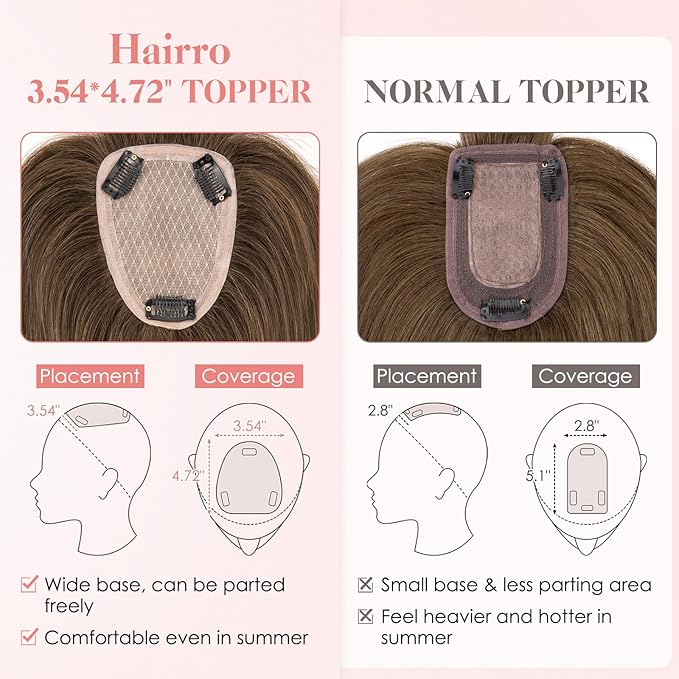 Hairro Human Hair Toppers with Wispy Bangs, 3.5x4.7" Hand-wovened Base for Women with Thinning Hair, Lightweight & Breathable Realistic Scalp, Clip-in Hairpieces for Easy Wear, 12 Inch Cocoa Brown