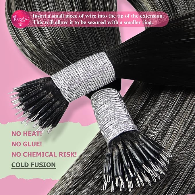 YoungSee Nano Ring Hair Extensions Black Ombre Nano Hair Extensions Ombre Black to Silver for Prom 50s 50g 18in
