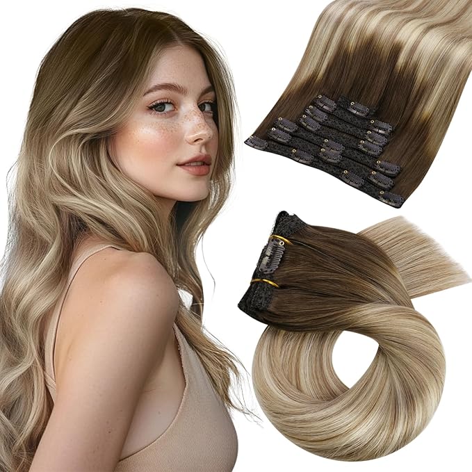 Moresoo Balayage Clip in Hair Extensions Real Human Hair Brown to Light Brown with Golden Blonde Double Weft Clip in Human Hair Extensions 7Pieces 120Grams 24inch