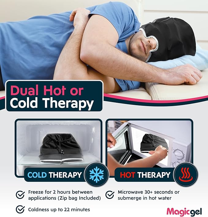 Magic Gel Migraine Ice Head Wrap | Real Migraine & Headache Relief | The Original Headache Cap | Cold, Comfortable, Dark & Cool; Endorsed by Physicians, Loved by Thousands - (Black)