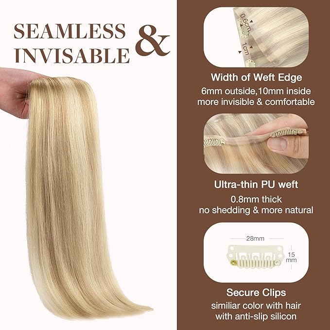 GOO GOO Clip in Hair Extensions Real Human Hair, Remy Human Hair Extensions Clip ins for Women, Natural Human Hair, 14inch 130g 9Pcs, 18A/613A Dark Blonde Highlighted Bleach Blonde