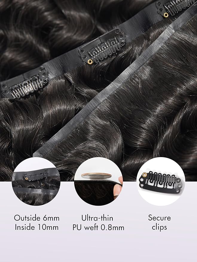 LUVME Clip in Hair Extensions Real Human Hair, Remy Human Hair Extensions Clip ins for Women, Natural Human Hair, 16inch 135g 9Pcs, Natural Black