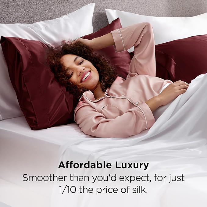 Bedsure Satin Pillowcases, Similar to Silk Pillow Cases Queen Size Set of 2, Burgundy Red Pillow Covers Case with Envelope Closure, Burgundy Home Decor Gifts for Women Men, 20x30 Inches, 2pcs