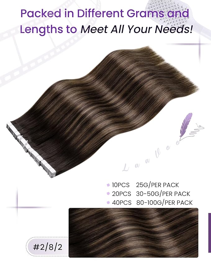 LaaVoo Ombre Hair Extensions Tape in Brown Human Hair Extension Tapes in Darkest Brown Mix Light Brown Tape on Extensions Human Hair Silky Straight 20 Inch 20pcs 50g