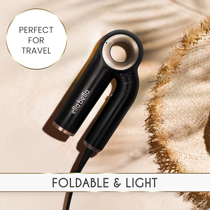 ELLA BELLA® Professional Ionic Hair Dryer (Foldable) • Negative Ion Blow Dryer • Perfect for Travel • Intelligent Heat Control & Rapid Drying Speeds • Lightweight Design • Low Noise Technology
