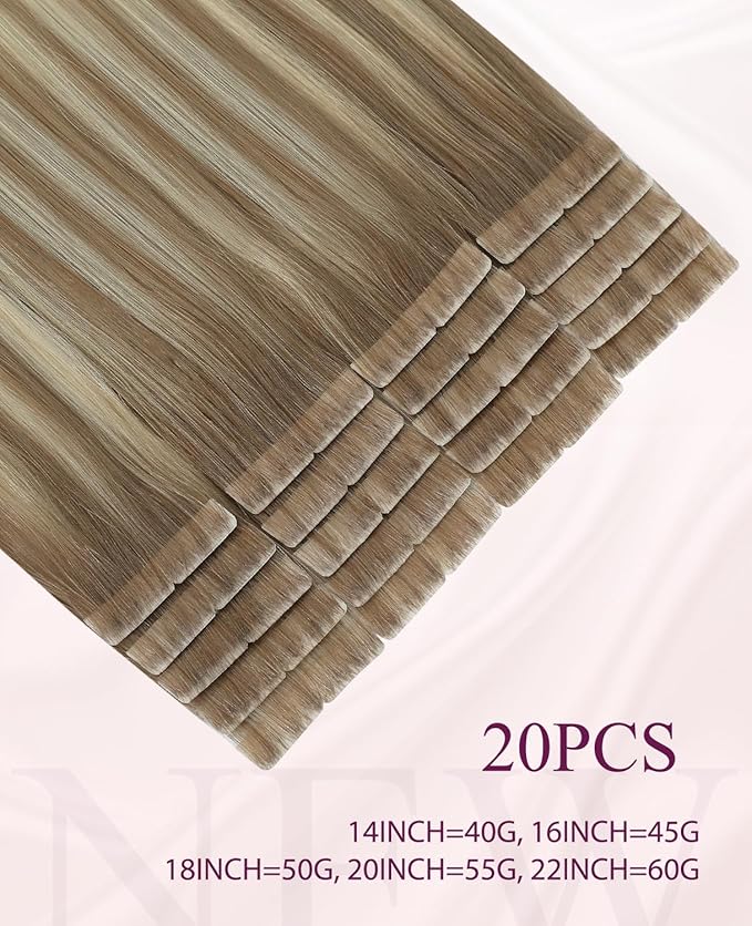 Pinkpearl Invisible Tape in Hair Extensions Human Hair, 20pcs 14inch 40g #8T60 Balayage Ash Brown to Platinum Blonde Injection Tape in Extensions Real Remy Seamless Human Hair Injected