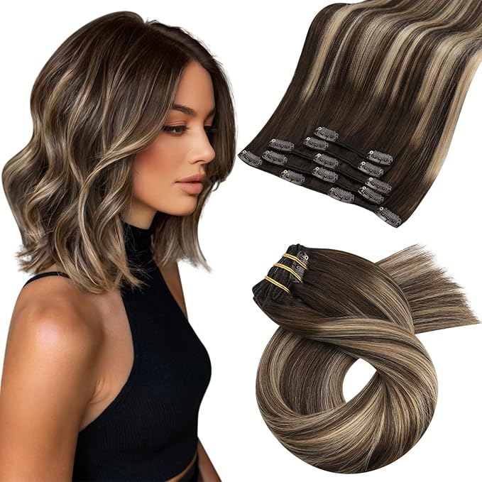 Moresoo Clip in Hair Extensions Real Human Hair Brown Balayage Hair Clip in Extensions Dark Brown to Honey Blonde Ombre Double Weft for Women Short And Straight 80g/5pcs 14in