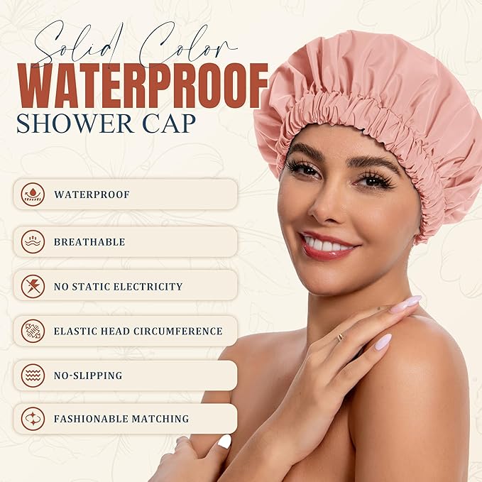 Reusable Shower Cap for Women, Stylish Large Waterproof Shower Bonnet Washable Wide Elastic Band Hair Cap for Long Hair, Braids Bath Hat(Blush Pink)