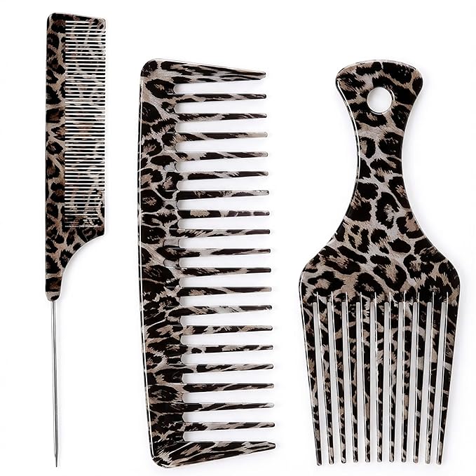 Wide Tooth Comb, Rat Tail Comb & Afro Pick Set, 3 Pcs Leopard Print Detangling Hair Combs for Curly Hair Wet Hair & Styling Professional Parting & Volumizing Tools for Women & Men