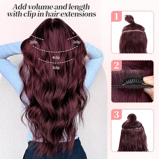 KooKaStyle Burgundy Clip in Hair Extensions for women Synthetic Heat Resistant 4PCS Thick Long Wavy Hairpieces 24 Inch