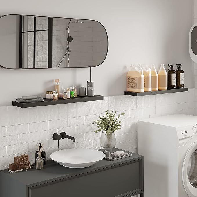 BAMEOS Floating Shelves, 31W x 8D Black Wall Mounted Wooden Shelves with Invisible Brackets Set of 2, Hanging Wall Shelves Decoration for Bedroom, Bathroom, Living Room and Kitchen