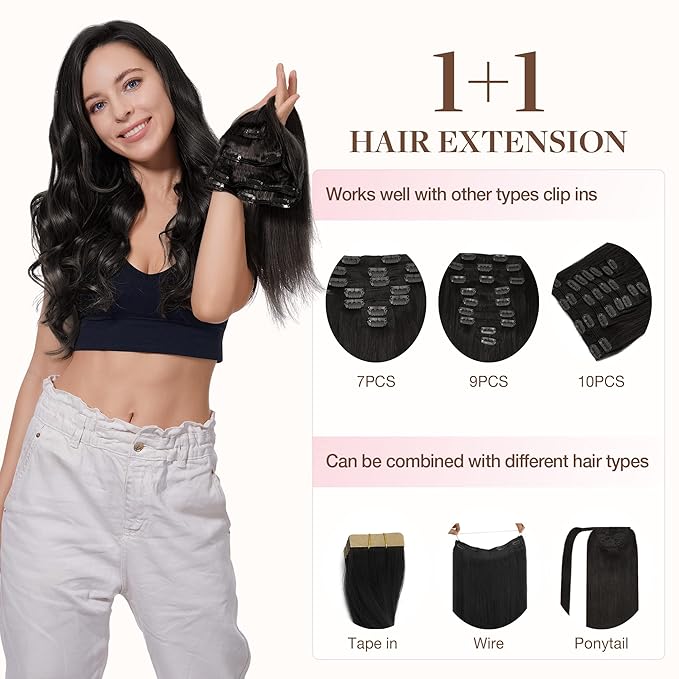 GOO GOO Clip in Hair Extensions Real Human Hair, Remy Human Hair Extensions Clip ins for Women, Natural Human Hair, 16inch 65g 4Pcs, 1B Natural black