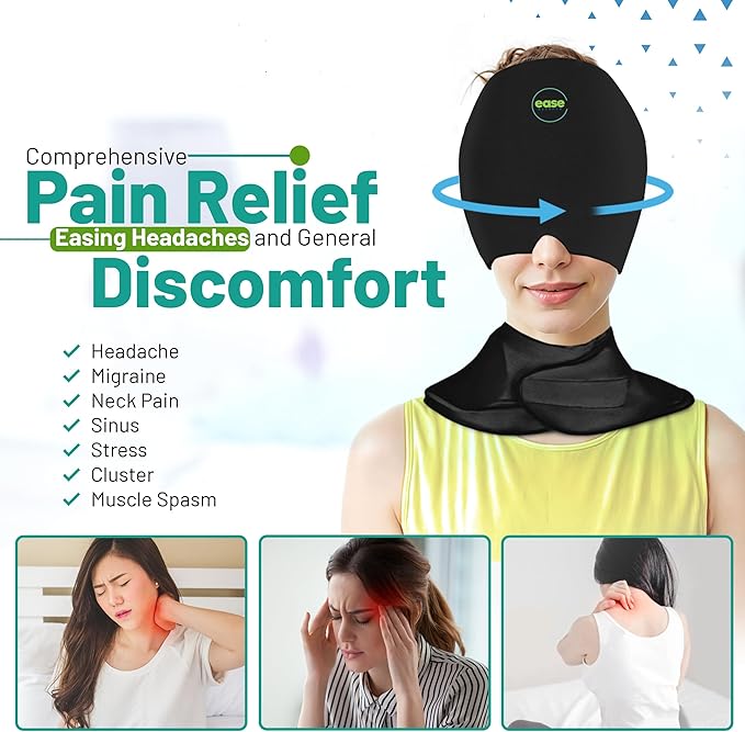 Migraine Relief Cap & Neck Ice Pack Wrap Set - Soothing Headache Relief Cap and Shoulder Cold Pack - Hot and Cold Compress Products for Head and Cervical - Stress, Hangover & Puffy Eyes