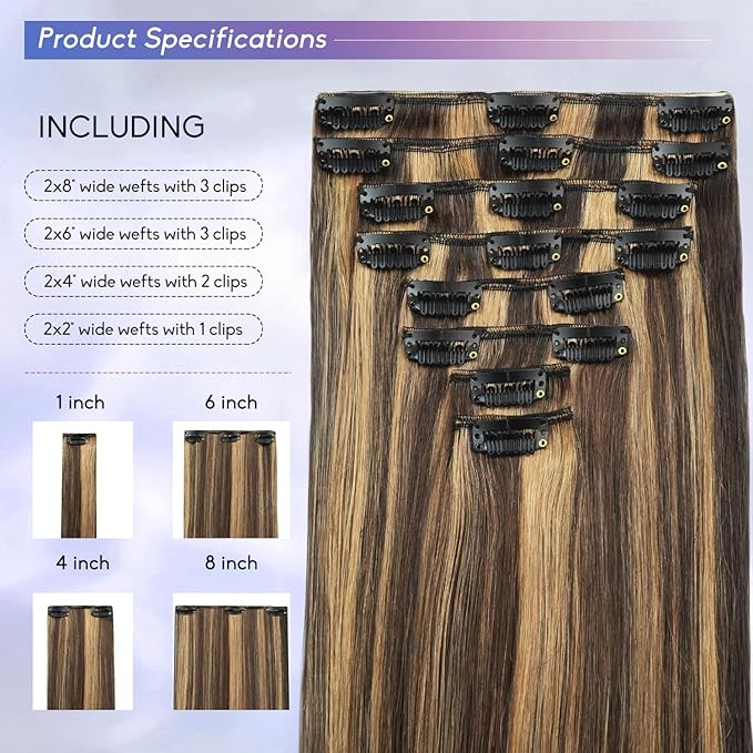 Clip in Hair Extensions Real Human Hair, 24 Inch 120g, 2/6 Dark Brown to Chestnut Brown, Invisible Seamless Remy Human Hair Clip in Extensions for Women 8pcs Per Set with Double Weft