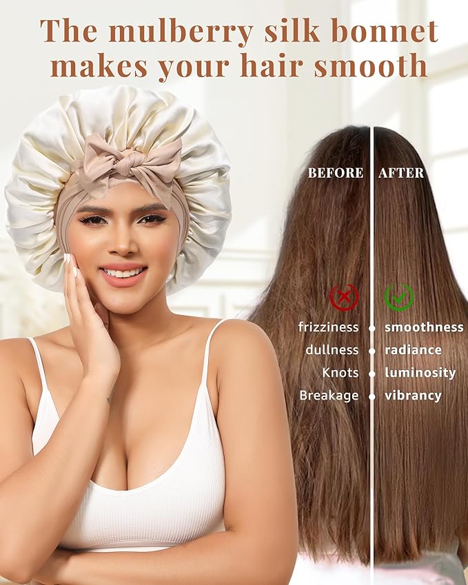 AWAYTR Silk Bonnet for Sleeping Women 100% Mulberry Silk Bonnet with Band 2 Layer Reversible Hair Bonnet Sleeping Hair Wrap (Dark Brown/Light Champagne)