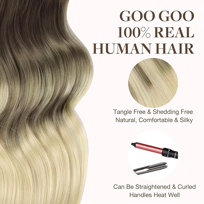 GOO GOO Tape in Hair Extensions Human Hair, 9/60 Balayage Ash Brown to Platinum Blonde, 24inch 50g 20pcs, Skin Weft Seamless Invisible, Silky Straight with Thick Ends, Remy Human Hair