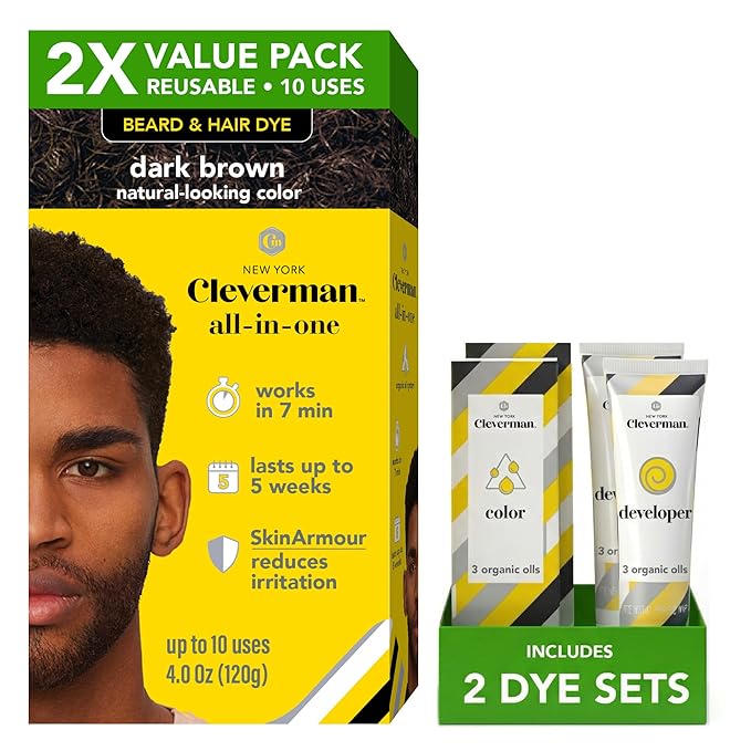 2X Pack Cleverman Hair & Beard Dye Kit for Men, All-in-One Reusable Mens Hair Color, Natural Gray Coverage, Ammonia-Free Beard Mustache Dye for Men (Dark Brown for Black Men)