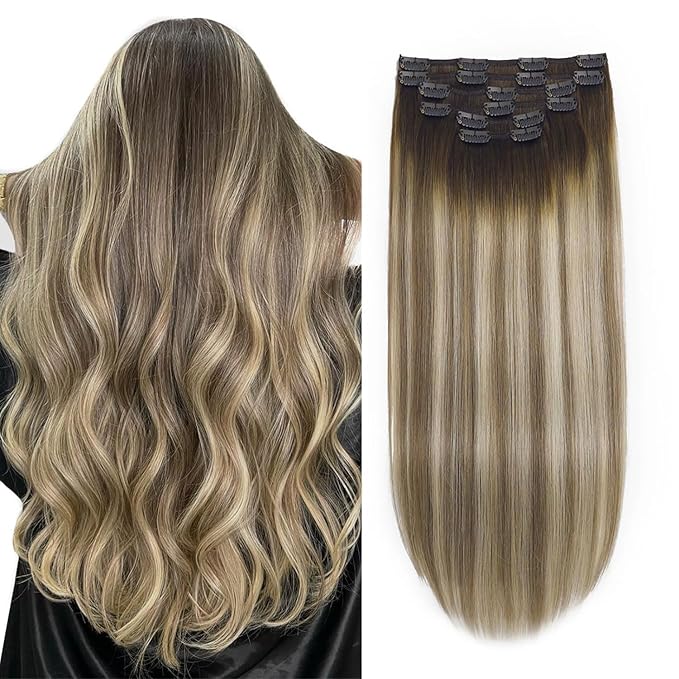 XDhair Clip in Hair Extensions Human Hair 120g 20 Inch 6pcs Balayage Color 3 Darker Brown to 8 Ash Brown and 22 Golden Blonde Double Drown Clip in Hair Extensions(20”, 3/8/22)