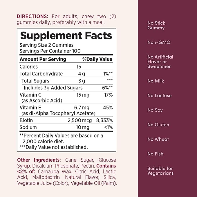 Nature's Bounty Optimal Solutions Hair, Skin and Nails Pectin Gummies, 2500 mcg Biotin Per Serving, No Stick Gummy, Vegetarian Formula, Strawberry Flavor, 200 Count, 100 Total Servings (Pack of 3)