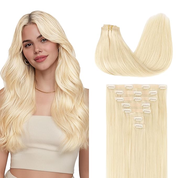 GOO GOO Clip in Hair Extensions Real Human Hair, Remy Human Hair Extensions Clip ins for Women, Natural Human Hair, 14inch 110g 7Pcs, 613R Bleach Blonde