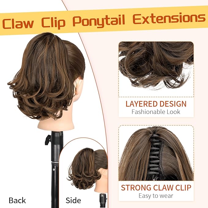 KooKaStyle Ponytail Extension, 10" Short Claw Clip in Pony Tails Hair Extensions Curly Wavy Synthetic Drawstring Hairpieces for Women Fake Ponytail(Dark Brown with Golden Auburn)