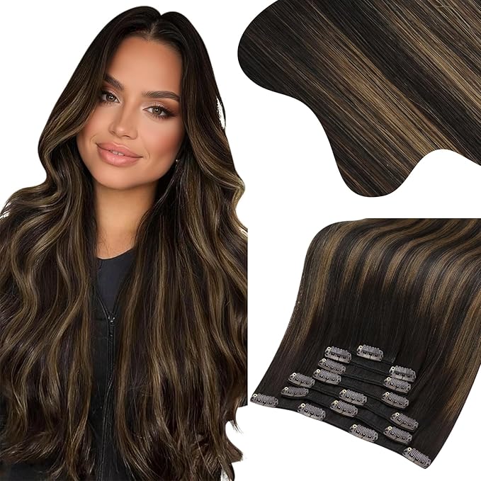 Moresoo Clip in Hair Extensions Real Human Hair Balayage Double Weft Clip in Extensions Ombre Dark Brown Mixed with Chestnut Brown Hair Extensions Clip ins Human Hair 7pcs/150g 20inch