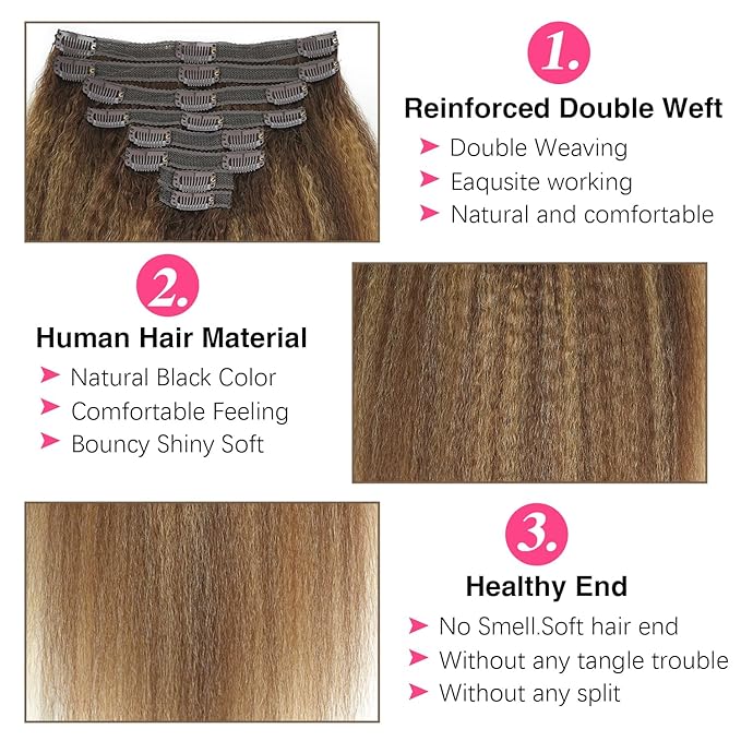 Kinky Straight Clip in Hair Extensions Real Human Highlight Clip ins For Women Unprocessed Clip on Hair Extensions(24inch,#4/27/4)
