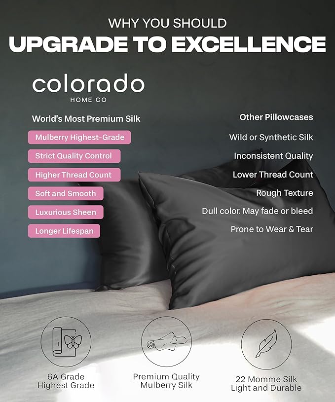 Colorado Home Co 22 Momme Real Silk Pillowcase, Mineral Blue, 2 Pack King Pillowcase, 20" x 36"