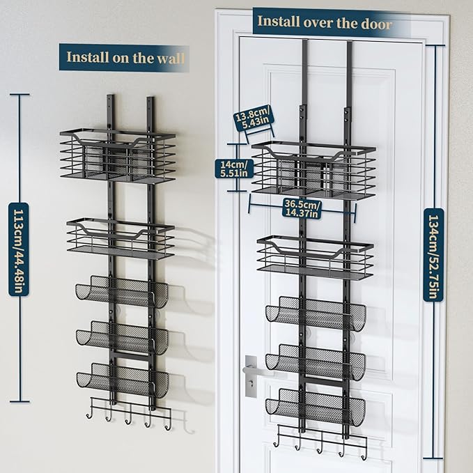 Consumest 6-Tier Hair Tool Organizer - Hair Dryer Holder Over The Door/Wall Mounted DIY Adjustable Shelf Bathroom Door Organizer with Hook for Curling Iron/Blow Dryer/Straightener Black