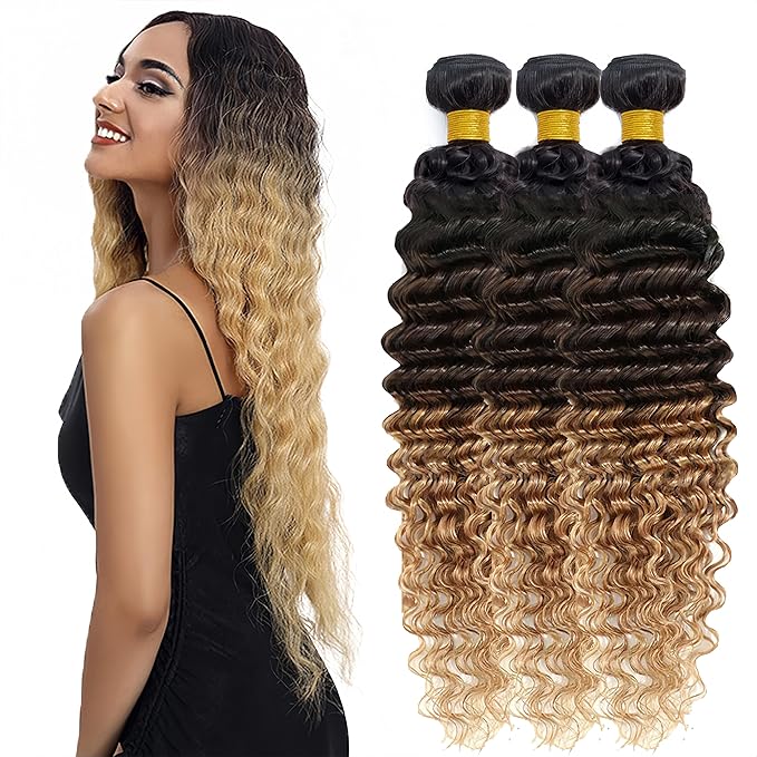 Ombre Human Hair Bundles 1B427 Deep Wave Bundles Niegmeag Virgin Remy Hair 3 Bundles 26 28 30 Inch Double Weft 3 Tone Brown and Honey Blonde Deep Wave Bundle