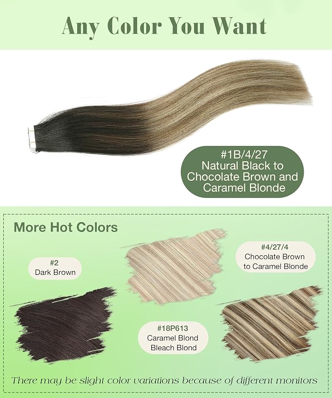 SURNEL Tape in Hair Extensions Human Hair 16 inch Natural Black to Chocolate Brown and Caramel Blonde Tape Hair Extensions 20pcs 50g(#1B/4/27-16)