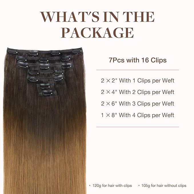 GOO GOO Clip in Hair Extensions Real Human Hair, Remy Human Hair Extensions Clip ins for Women, Natural Human Hair, 16inch 120g 7Pcs, 1D/2C/4E Chocolate Dip Color Melt
