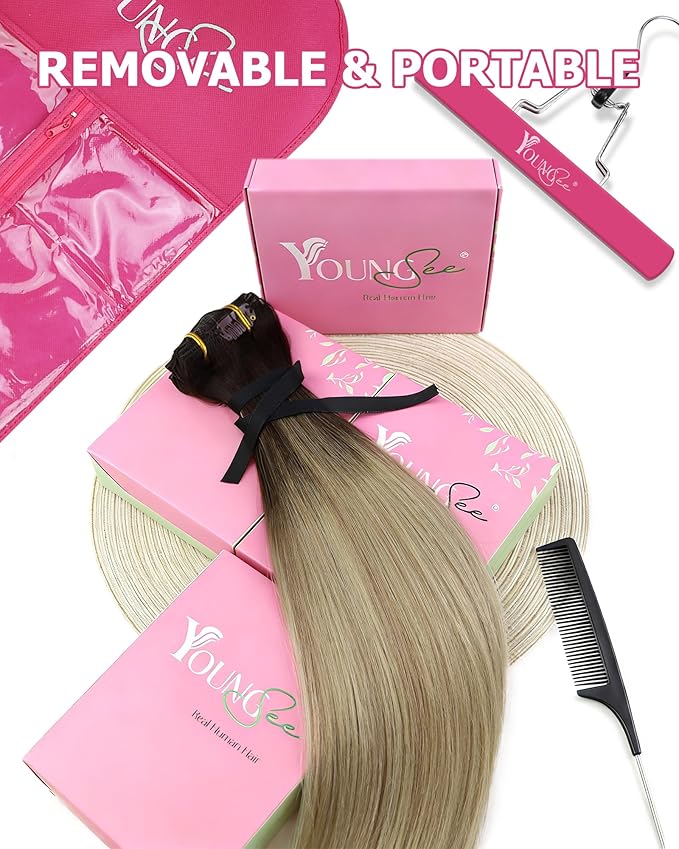 YoungSee Ombre Hair Extensions Clip ins Brown to Blonde Balayage Clip in Hair Extensions Medium Brown Ombre Golden Mix Platinum Blonde Real Human Hair Extension Clip ins for Women 120G 20Inch 7Pcs