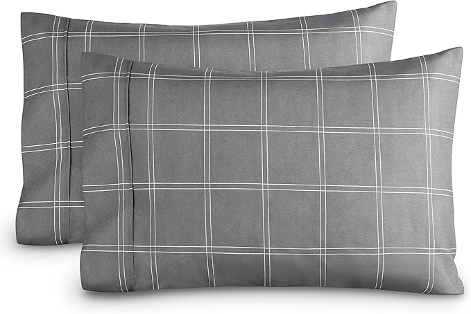 Bare Home Microfiber Pillow Cases - King Size Set of 2 - Cooling Pillowcases - Double Brushed - Pillowcases 2 Pack - Easy Care (King, Modern Plaid - Grey/White)