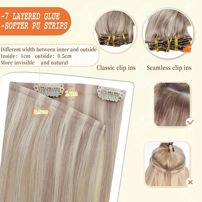 Full Shine Clip in Hair Extensions Ash Blonde Highlight Bleach Blonde Seamless Clip in Human Hair Extensions 16 Inch Human Hair Extensions With Highlights PU Clip in Extension 120 Grams 8 Pcs
