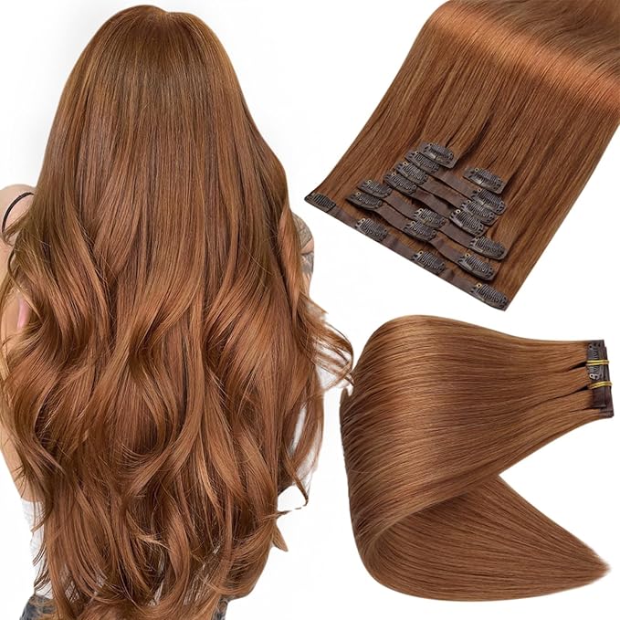 Full Shine Hair Clip in Extensions 22 Inch Copper Red Real Hair Extensions Clip in Human Hair Skin Weft Auburn Brown for Straight Add Volume 120 G 8 PCS