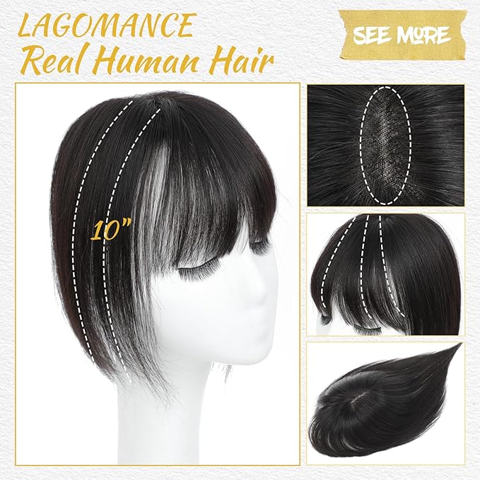 Hair Toppers for Women Real Human Hair Toppers for Women with Bangs 100% Real Human Bangs 10 inch Swiss Base Hairpieces for Thinning Hair（Natural Black）