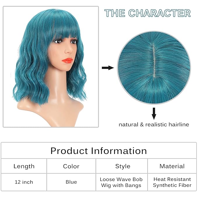 FAELBATY Blue Wig Short Bob Wigs With Bangs Shoulder Length Wig For Women Curly Wavy Synthetic Cosplay Wig for Girl Costume Wigs (12" blue color)